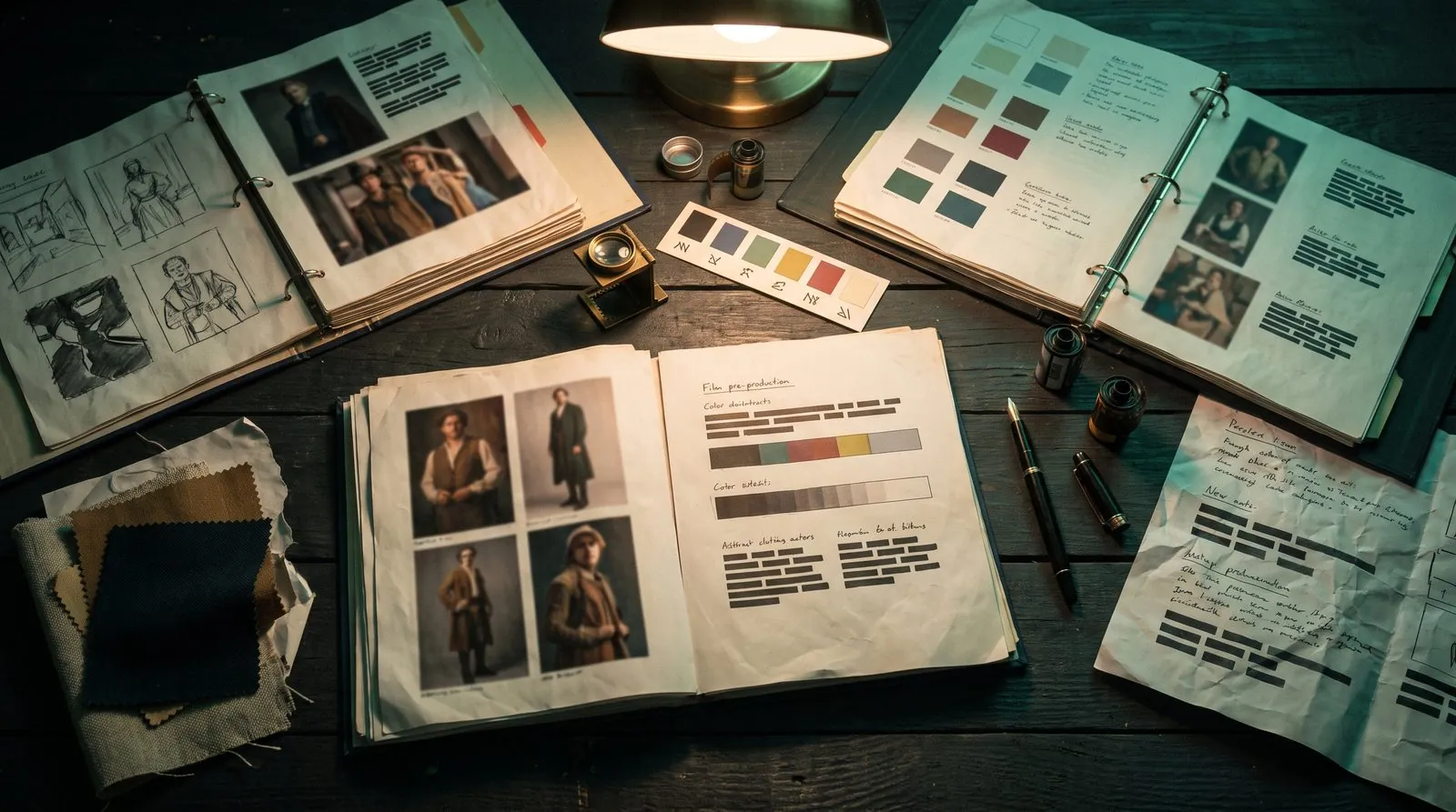 Visual Bible spread with character looks and colour palette chips