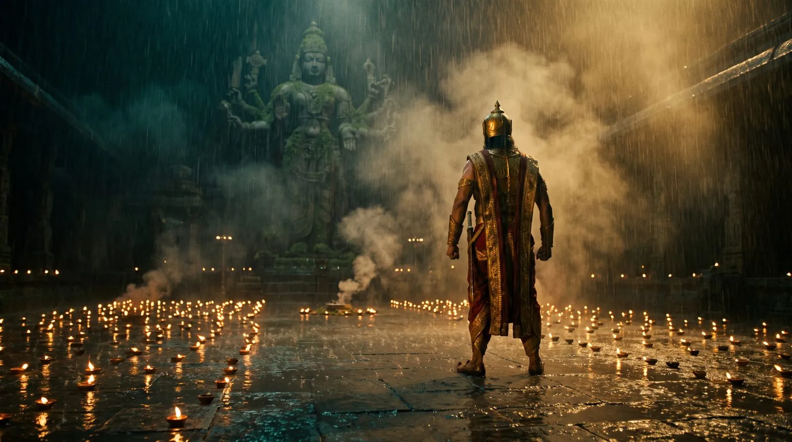 Divine and mythological film still — warrior before a temple deity in monsoon rain