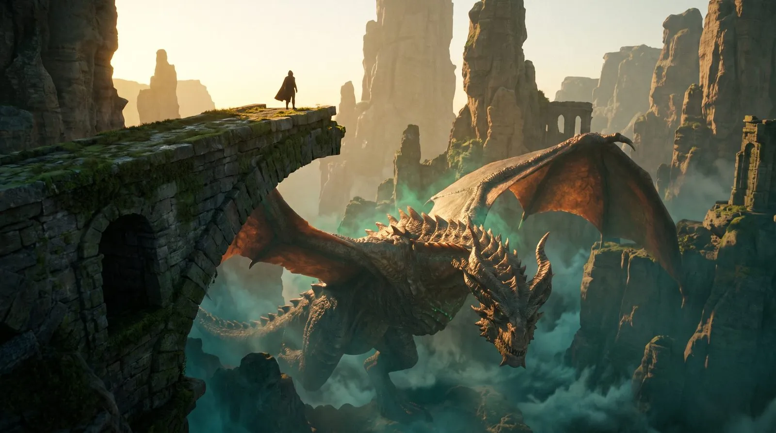 Creature composite rising over a canyon bridge — hybrid CG/VFX shot